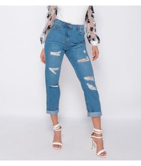 Multi Rip Turn Up Hem Boyfriend Jeans