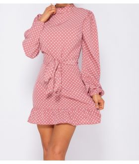 Polka Dot Frill Hem Waist Tie High Neck Mini Dress