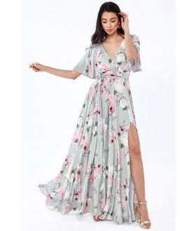 FLORAL PRINT WRAP FRONT MAXI WITH FLUTTER SLEEVES DRESS CACG_DR3050_greyfloral